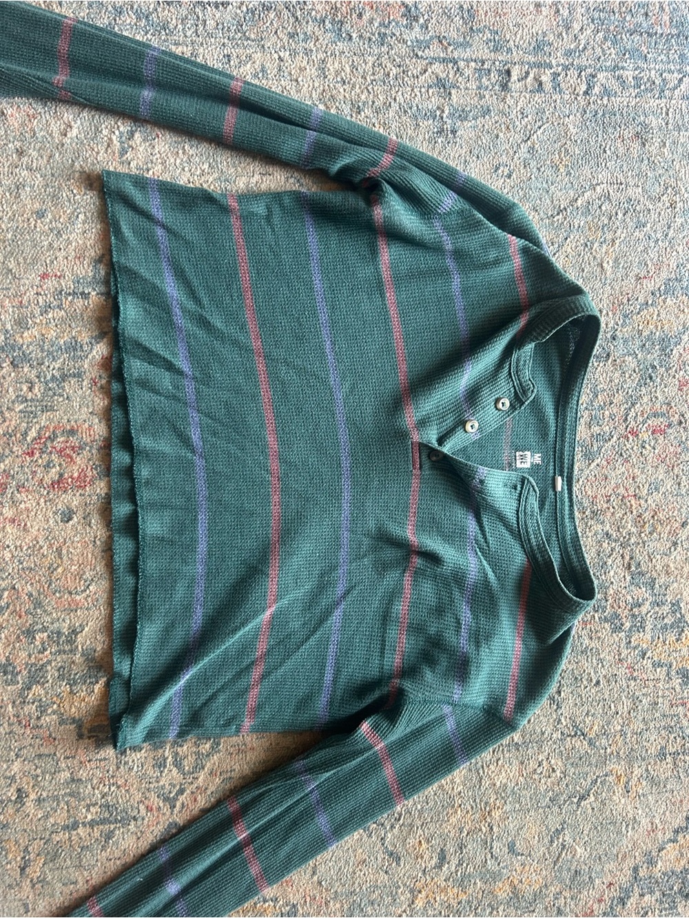 Me to We Green Crewneck Sweater with Red and Purple Stripes